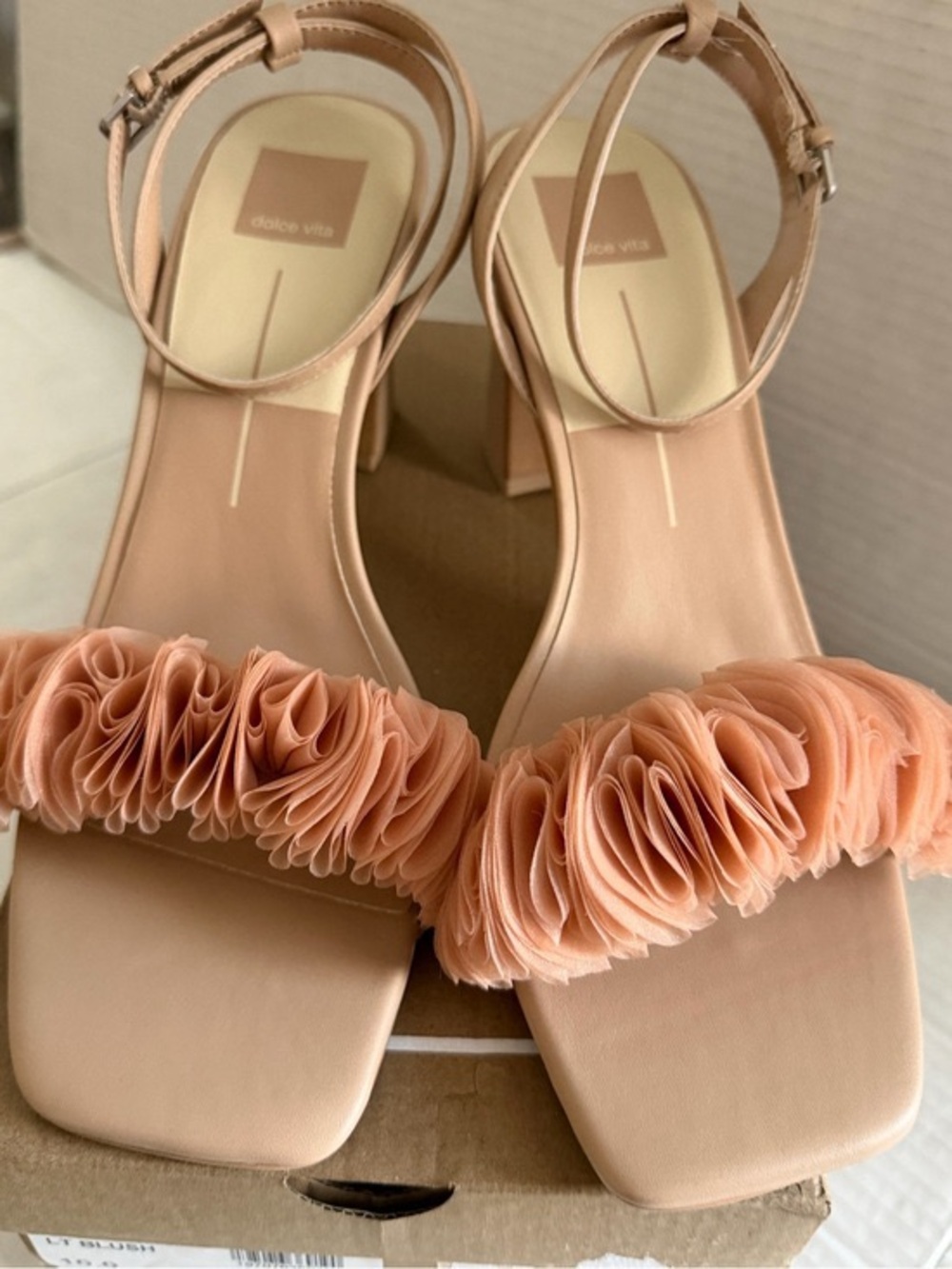 Dolce Vita Blush-Peach Floral Ruffle Block Heels
